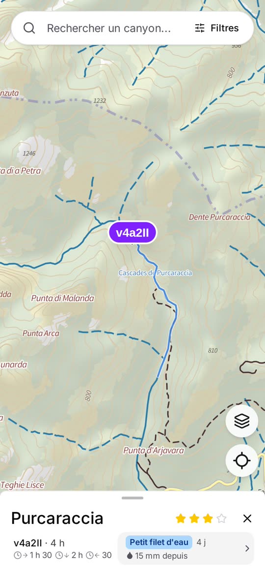 Canyon Map on a phone: the Purcaraccia canyon, a blue dot where you hang